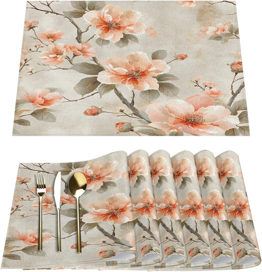 Pink Peach Blossom Flowers Vintage Placemats Set of 6, 12" x 18", Cloth Table Mats, Washable Place Mats for Dining Table Home Kitchen Decoration