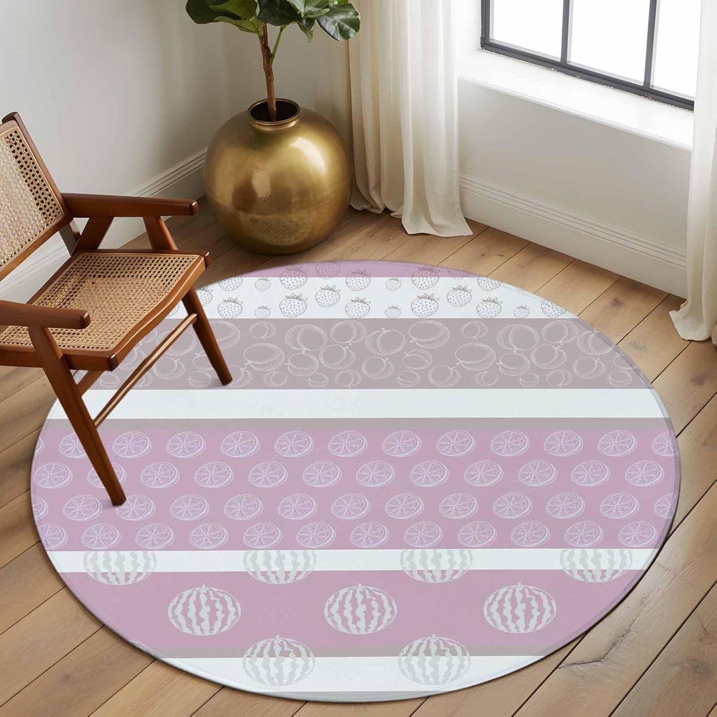 Farm Fruits Round Rug 6ft Washable Circle Kitchen Rugs Non Slip Watermelon Lemons Peach Pink Grey Striped Large Area Rug Indoor Floor Carpet for Bedroom Living Room Home Office Dining Room Nursery
