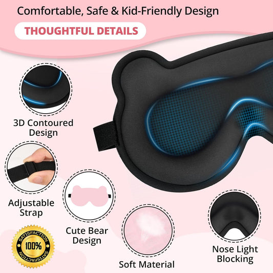 Kids Sleep Mask, 3D Sleeping Eye Mask for Kids with Adjustable Elastic Strap, Bear Shape Eye Cover with Memory Foam, Soft & Light-Blocking, Gift for Boys Girls Teens Age 5–15 (Light Pink)