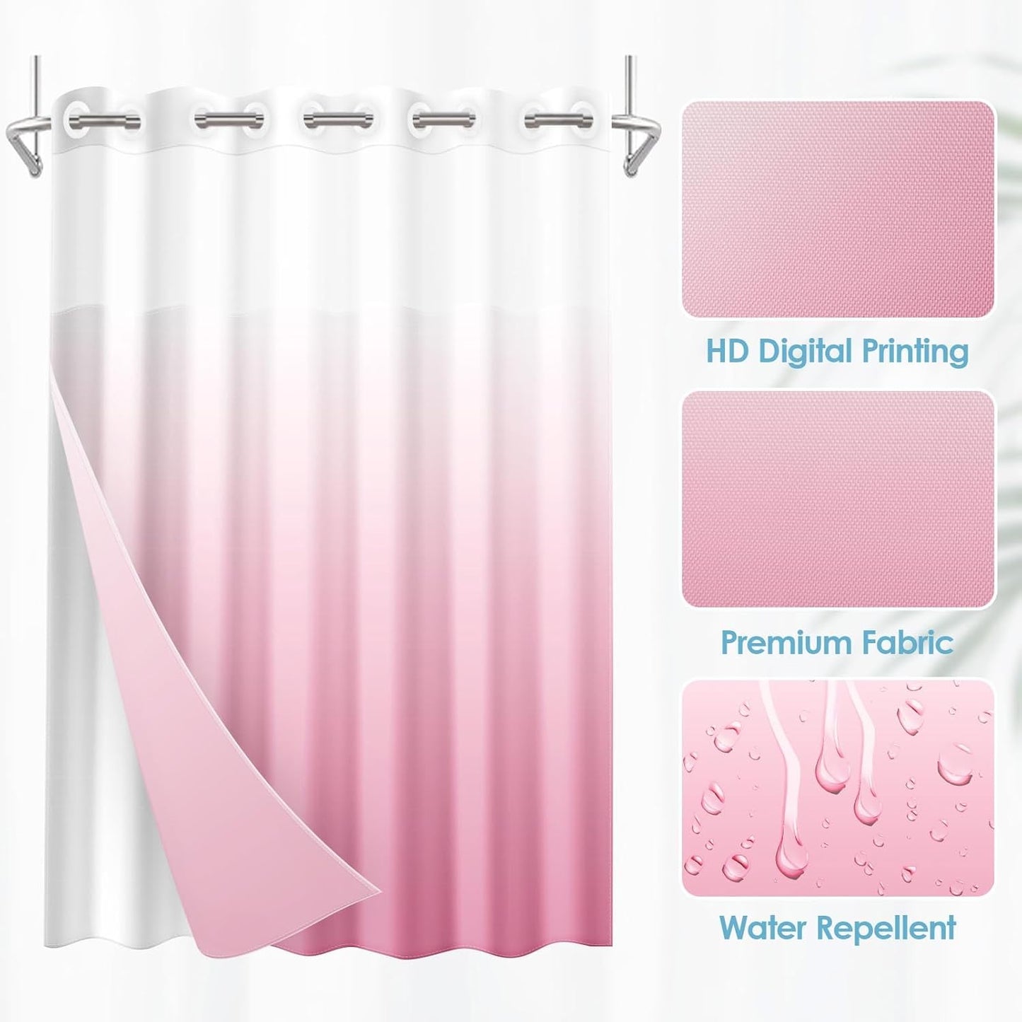 No Hook Ombre Pink Shower Curtain with Snap in Fabric Liner Set, Modern Design Double Layers Waterproof Fabric with See Through Top Window Open Grommet Bath Curtain 71x74 Inch