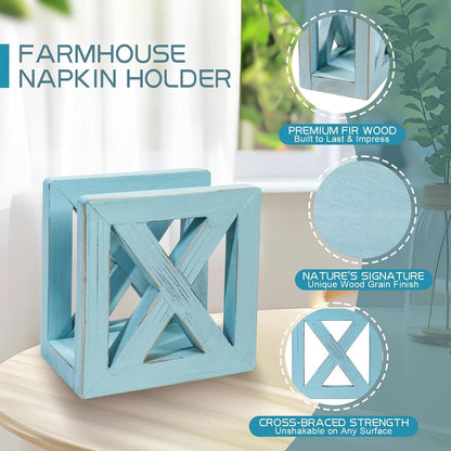 MAONAME Farmhouse Wooden Napkin Holder for Tables, Square Napkins Dispenser, Rustic Wood Guest Towel Holder Tray for Bathroom, Dinner Napkin Holders for Kitchen, Ocean Blue