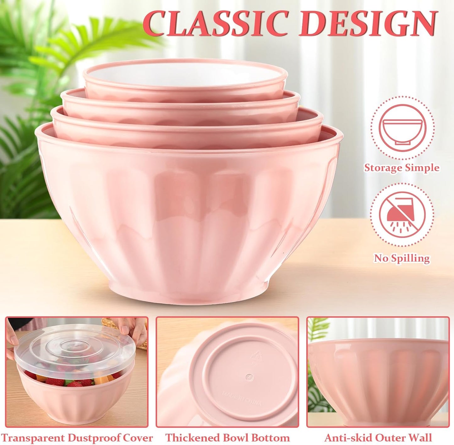 Ziliny 4 Pcs Mixing Bowls with Lids Plastic Nesting Bowls Set with Stainless Steel Colander 8 Pcs Measuring Cups and Spoons Set and Foldable Kitchen Funnel for Kitchen Cooking Accessories (Pink)