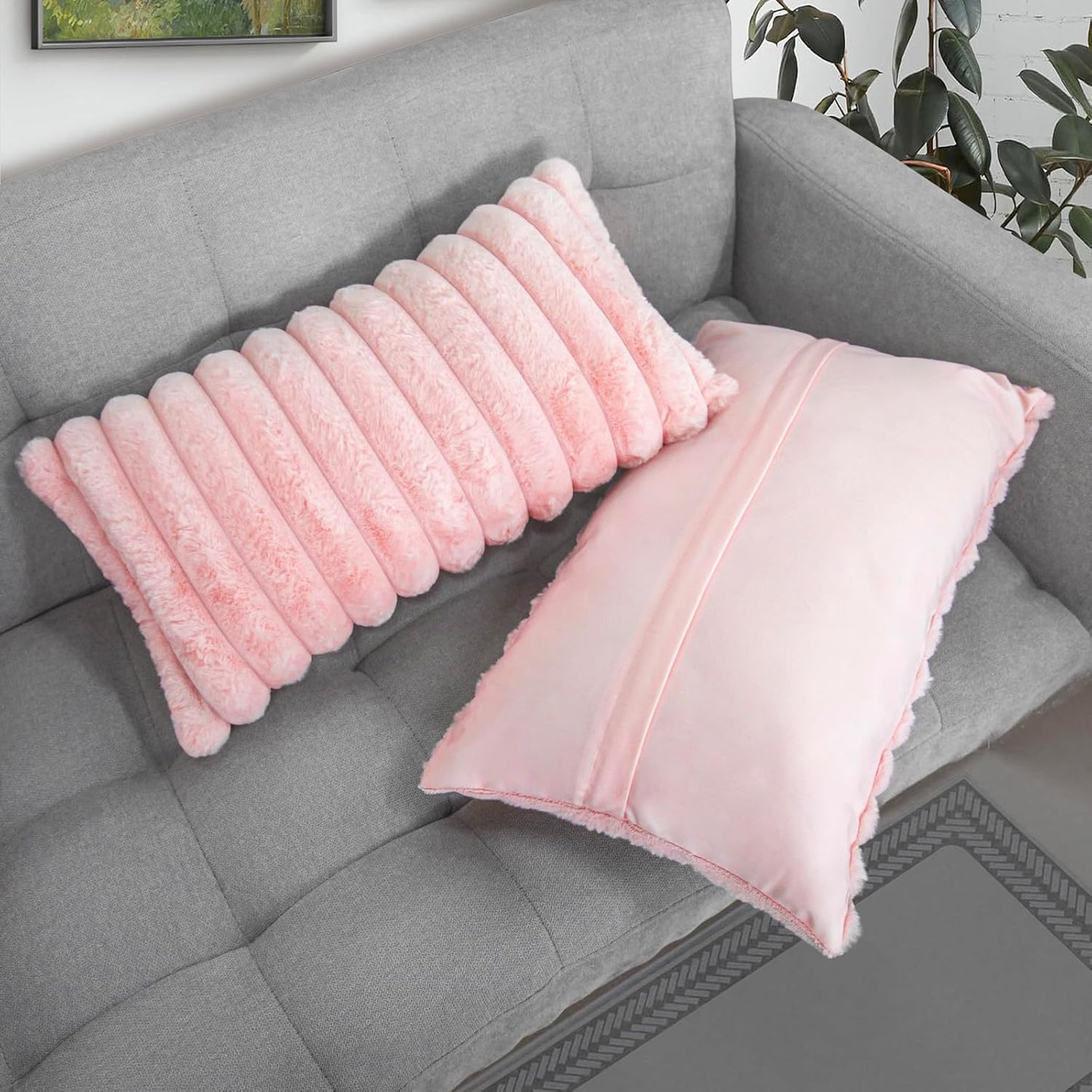 Uhomy Set of 2 Faux Fur Home Decorative Throw Pillow Cover Luxury Super Soft Fuzzy Striped Furry Pillowcase for Sofa Couch Bedroom Comfy Thick Fluffy Plush Cushion Cover 12x20 Inch Light Pink 30x50 cm