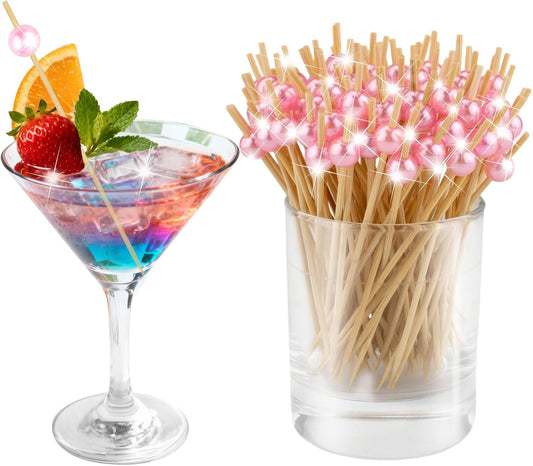 100 Pcs Cocktail Picks, Decorative Pink Pearl Toothpicks, for Holiday Valentines Day Theme Party Wooden Long Sticks Appetizers Fruits Drink Garnish Decorations Party Supplies (4.7 Inch)