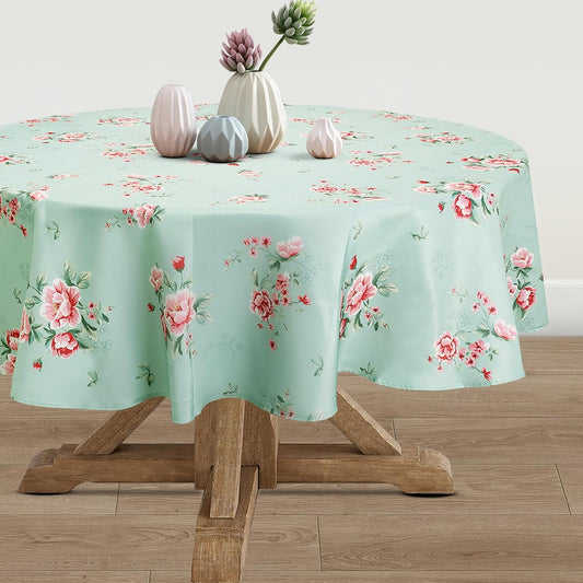 Pink Floral Tablecloth Waterproof, Green Vintage Table Cloth Round Stain Resistant, Washable Table Cover for Home Kitchen Dining Party Decoration (70 inch)
