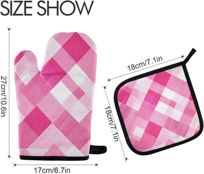 Light Pink Checkered Plaid Oven Mitts and Pot Holders Set for Cooking Baking Kitchen Decor