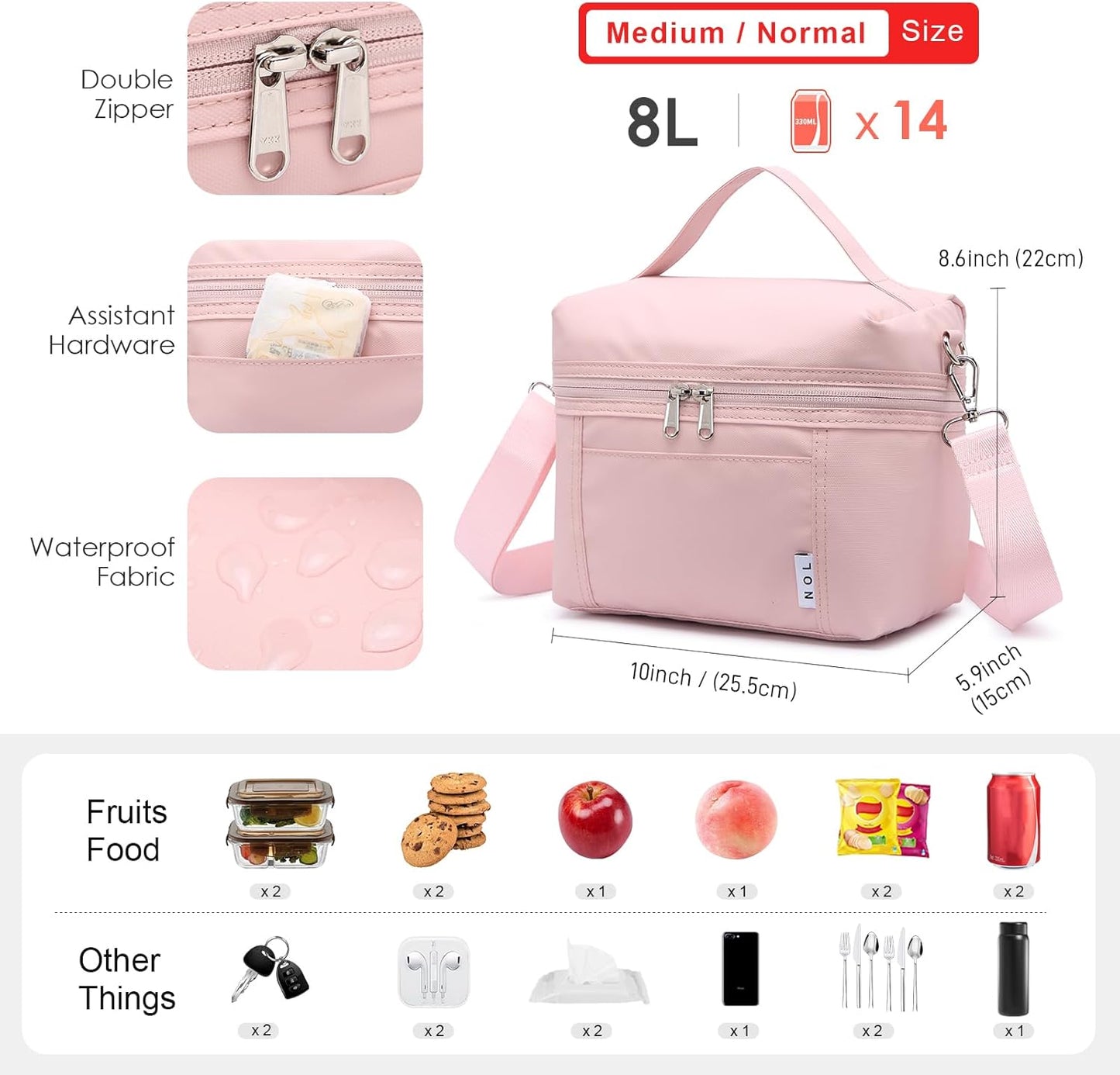 NOL Natural Organic Lifestyle Insulated Lunch Bags for Women Cooler Bag Lightweight Nylon Waterproof Lunch Box For Work (Medium, Pink)