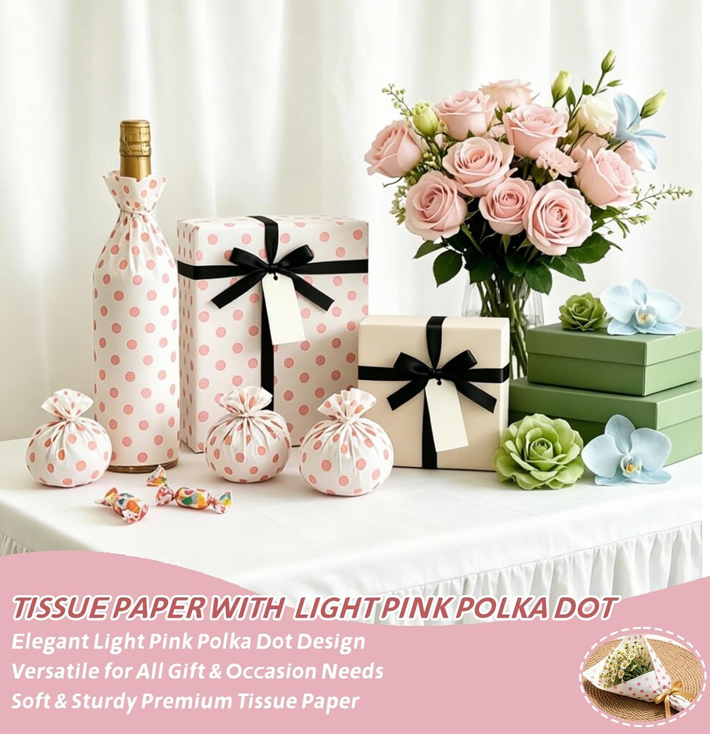 MUNILAIL 100 Sheets Light Pink Polka Dot Tissue Paper 14 x 20 Inches Pink and White Tissue Paper Dot Printed Gift Wrapping Paper for Birthday Wedding Baby Shower Gift Packing DIY Crafts
