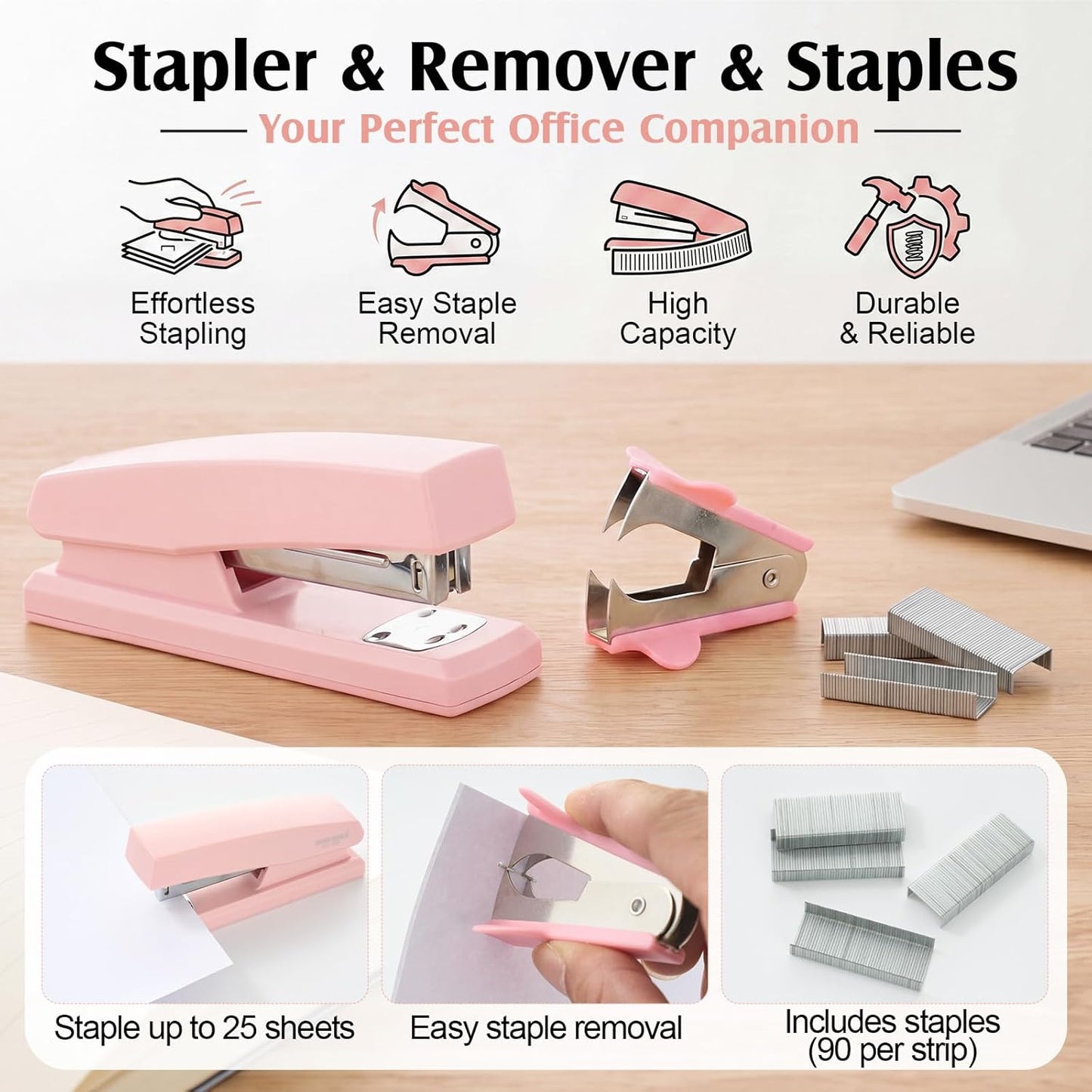 Eersida Desk Accessories Supplies, 26 Pcs Desk Organizer with Tape Dispenser, Stapler, Staple, Staple Remover, Scissor, Ruler, Sticky Tabs, Tape, Ballpoint Pen, Pencil, Clips for School Office(Pink)