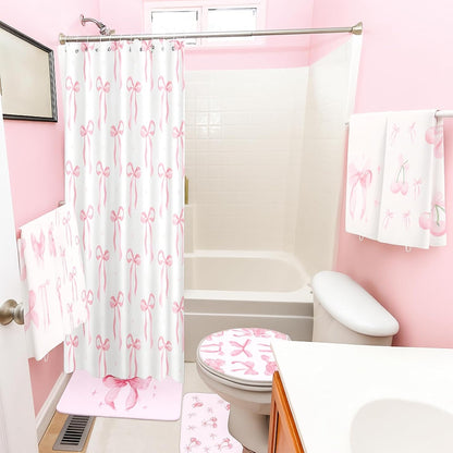 8 Pcs Pink Bow for Shower Curtain Sets for Bathroom Decor Cute Coquette Bathroom Accessories Preppy Bow Knot Aesthetic Girly Shower Curtain Sets with Towels Carpet Bath Mat Toilet Rugs and 12 Hooks