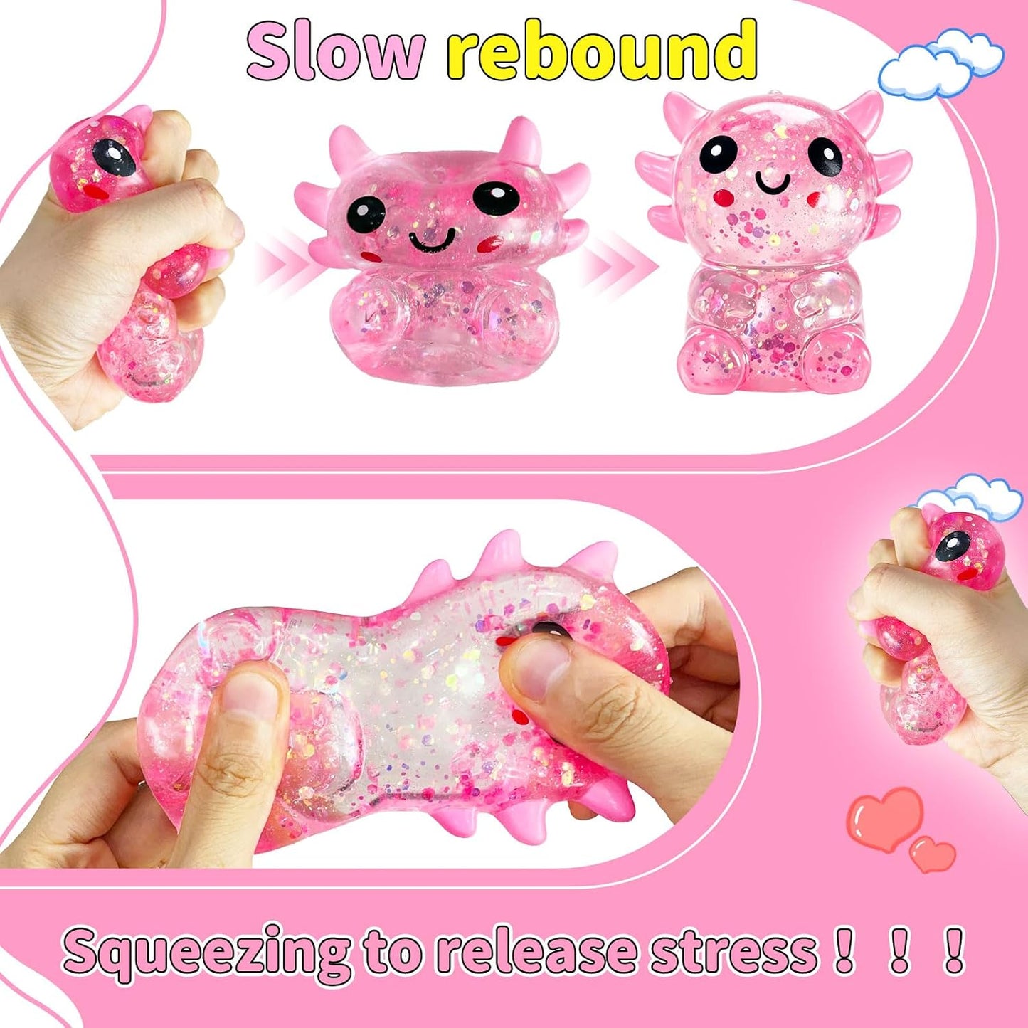 1PCS Glitter Axolotl Squishy, Slow Rising Squeeze Toy, Cute Axolotl Fidget Toy for Stress Relief, Calming Sensory Toy for Kids Adults, Party Favor Gifts (Pink)