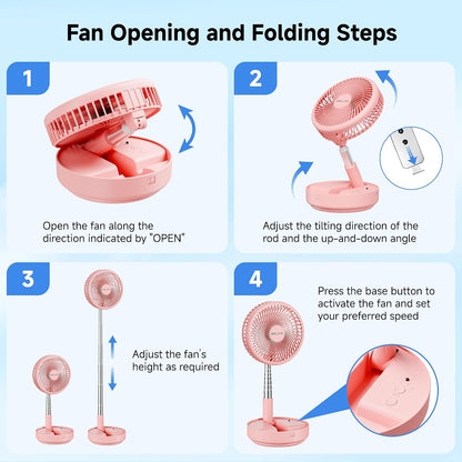 Belife X8 Portable Fan, 7200mAh Battery Powered Rechargeable, Oscillating USB Desk Floor Fan with Remote, Foldable Telescopic Fan for Home Bedroom Sleeping Office Camping Travel, 7.7" (Pink)