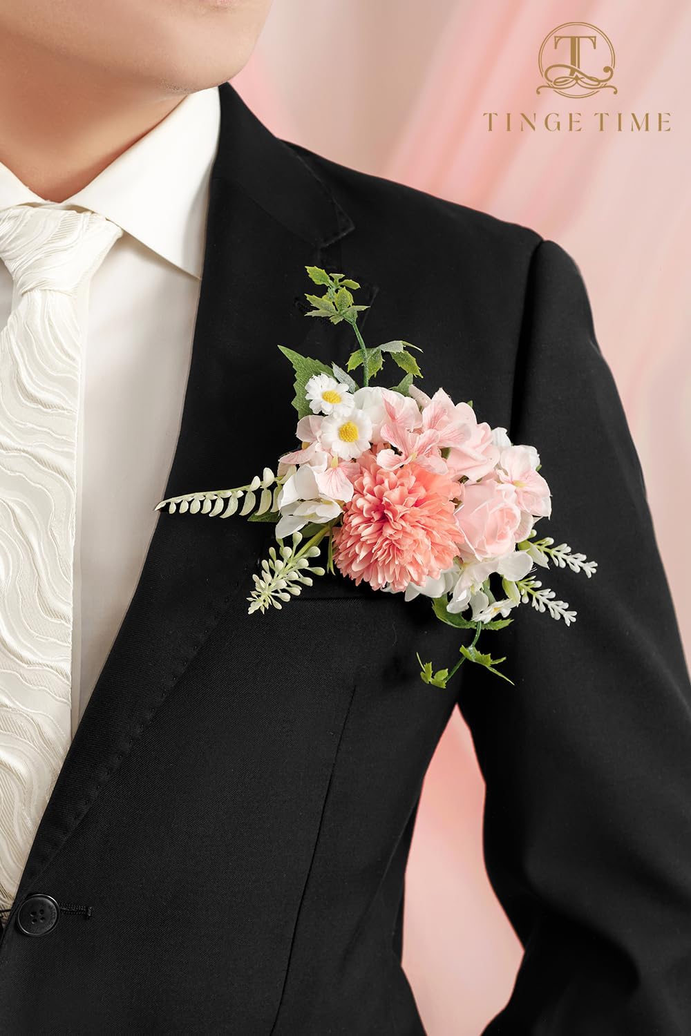 TingeTime Single Pocket Boutonniere for Man Groom, Best Man Boutonniere for Wedding Ceremony Anniversary, Formal Dinner Party and Rustic Spring Wedding Marriage(PeachPink&White)