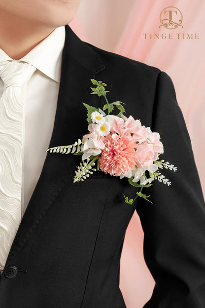 TingeTime Single Pocket Boutonniere for Man Groom, Best Man Boutonniere for Wedding Ceremony Anniversary, Formal Dinner Party and Rustic Spring Wedding Marriage(PeachPink&White)