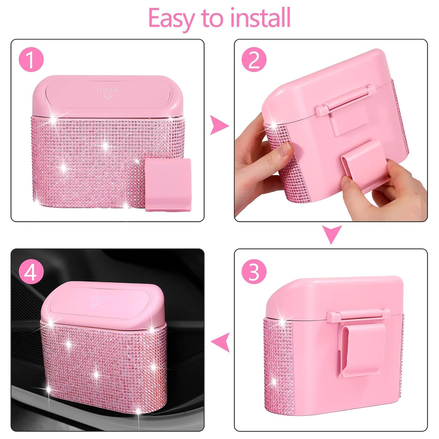 NBTEPEM Bling Pink Car Trash Can with Lid, Mini Auto Garbage Can with 30 Trash Bags, Automotive Garbage Container Bin, Bling Car Accessories Trash Can for Women (Pink Diamond)