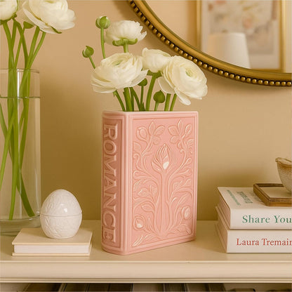 SiliFine Book Shaped Decorative Vases for Flowers Cute Ceramic Planter Home Decor Christmas Pink Flower Vase Bookshelf Dining Table Office Ornaments for Book Lovers Gifts