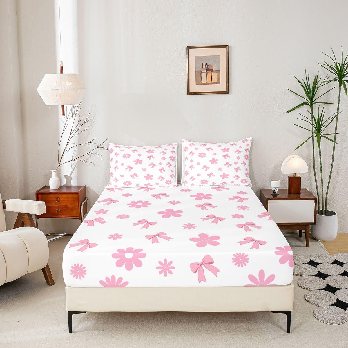 Feelyou Cute Bow Bed Sheets Sets Queen Size Kids Boys Girls Kawaii Flower Floral Bedding Set Pink Bed Sheet Set with 16-Inch Deep Pockets 4Pcs with 2 Pillow Cases