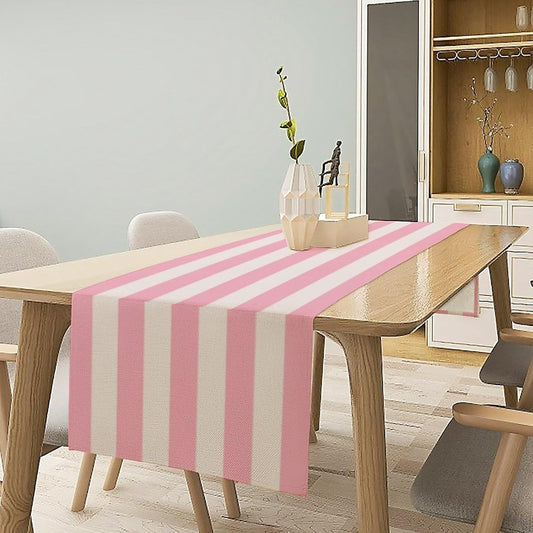Pink and White Striped Table Runner, Modern Stripes Pattern Elegant Cotton Canvas Kitchen Dinner Runner for Indoor Home Living Room Party Dining Table Decoration 13"x60"