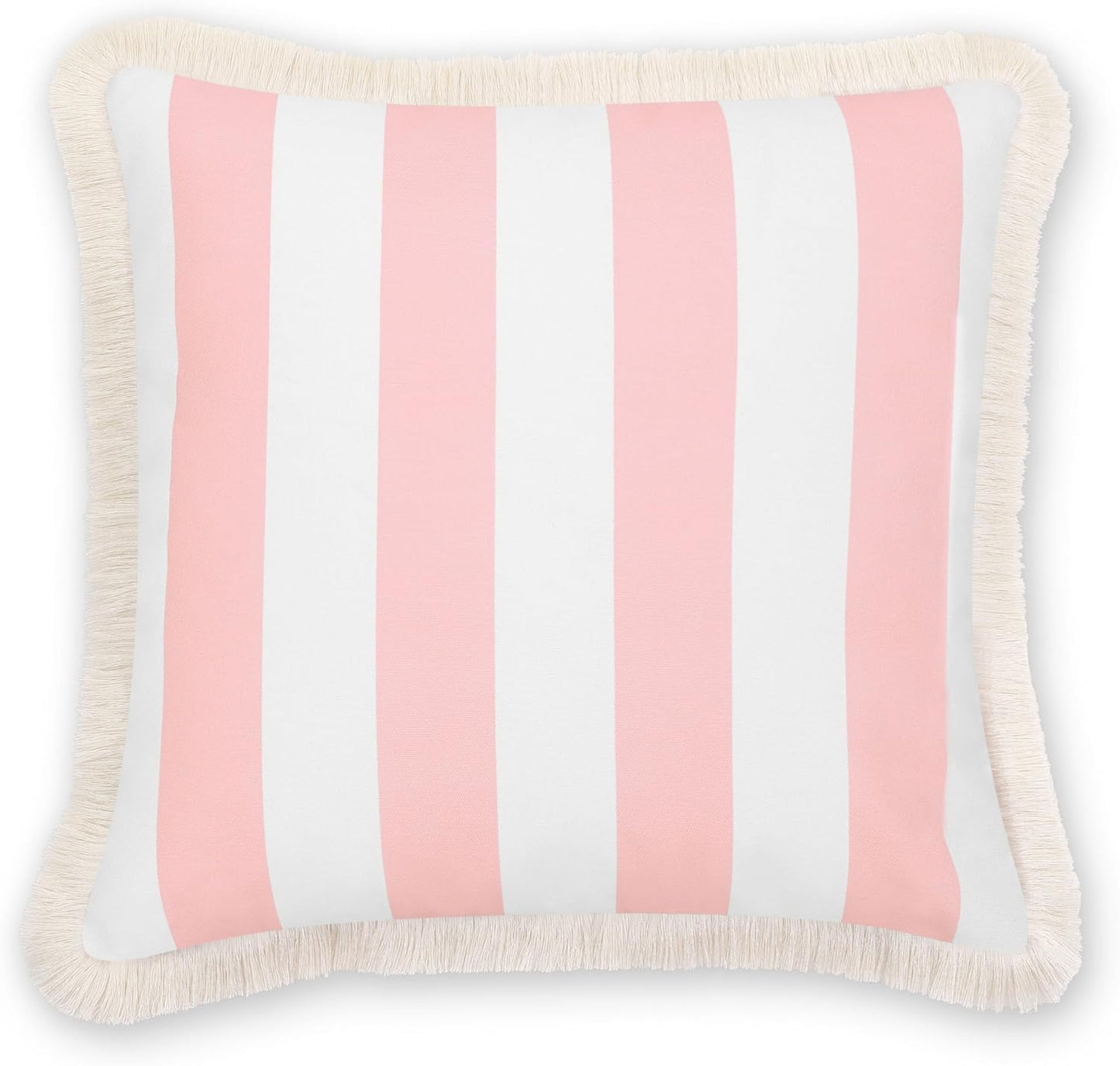 Hofdeco Premium Coastal Patio Indoor Outdoor Pillow Cover Only, 20"x20" Water Repellent for Backyard, Couch, Blush Pink Stripe Fringe