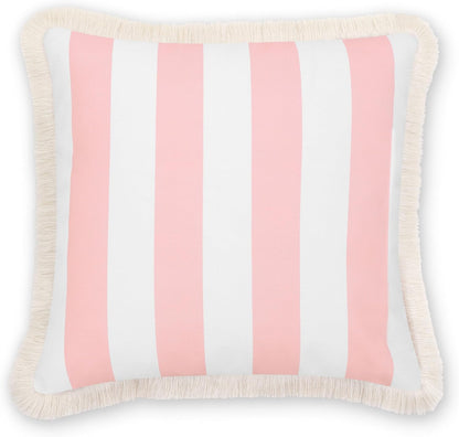 Hofdeco Premium Coastal Patio Indoor Outdoor Pillow Cover Only, 20"x20" Water Repellent for Backyard, Couch, Blush Pink Stripe Fringe