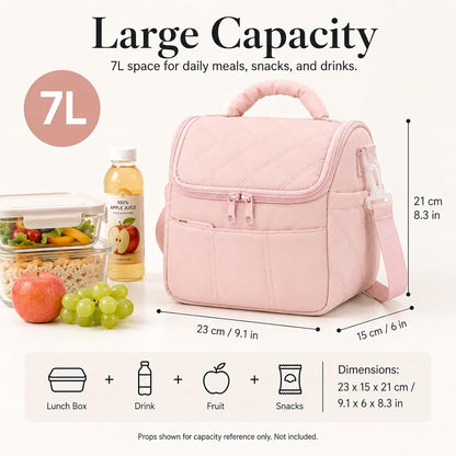 Pink Lunch Bag for Women, Insulated Cute Quilted Lunch Box, Lightweight Puffy Padded Leakproof Lunch Cooler Tote, Reusable Large Thermal Lunch Bag for Work Picnic Travel (Pink-M)