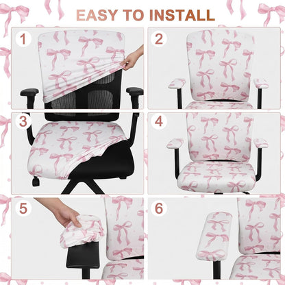 Suncalla 4 Pcs Pink Bow Printed Office Chair Covers Set Stretch Computer Universal Protective Stretchable Chair Seat Covers Washable Desk Armrest Slipcovers Pads Office Cushion Backrest for Rotating