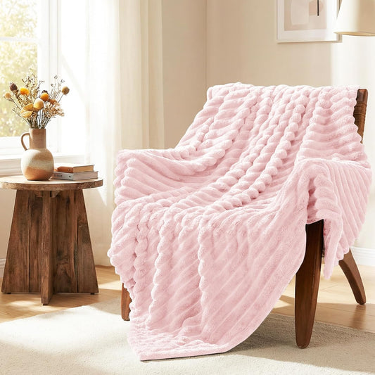 HIMEET Fleece Pink Throw Blanket for Bed - 300GSM Ribbed Soft Cozy Blanket for Couch, Graduation Birthday Gifts for Women Girls Her, College Dorm Essentials Aesthetic Room Throws, 50x60 Inches