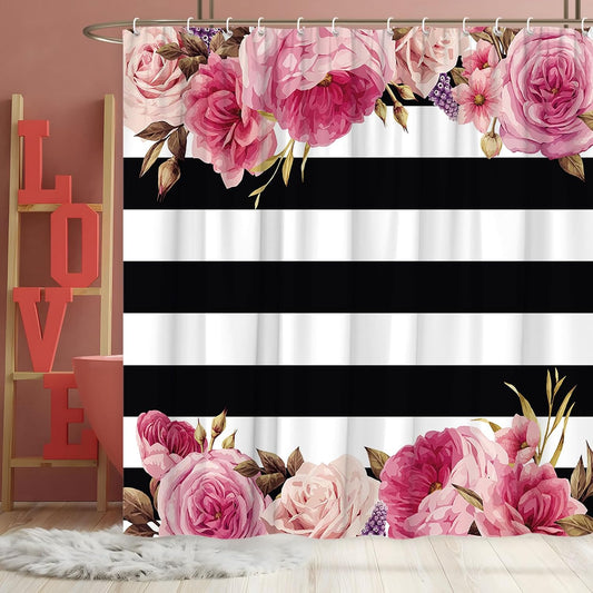 Floral Stripe Shower Curtain Pink Rose Flowers Black and White Stripes Spring Bloosm Flowers Valentine's Day Fashion Women Watercolor Bathroom Decor Set Polyester Curtains with Hooks 70X70 Inch