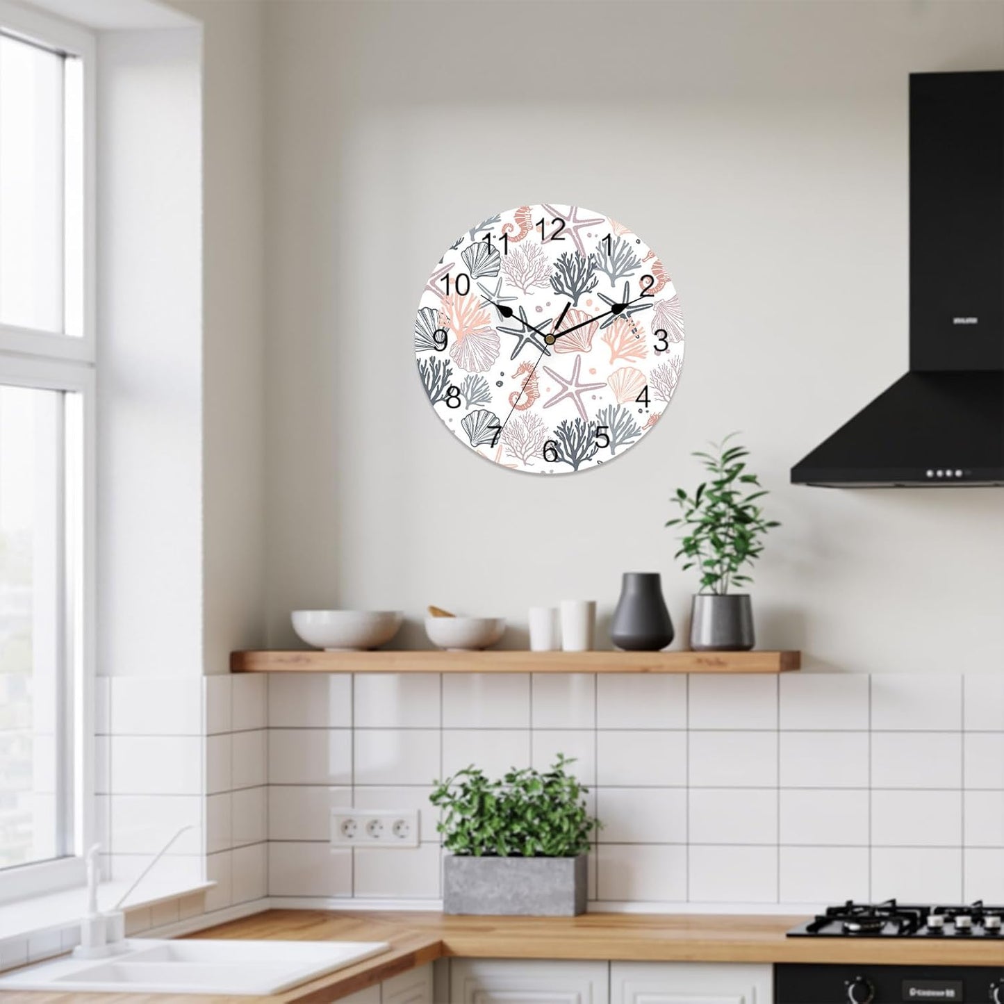 Wall Clock Pink Starfish 14" Round Silent Non-Ticking PVC Clocks Shell Coral Marine Life Battery Operated Round Clock for Living Room Bedroom Office Kitchen Wall Decor