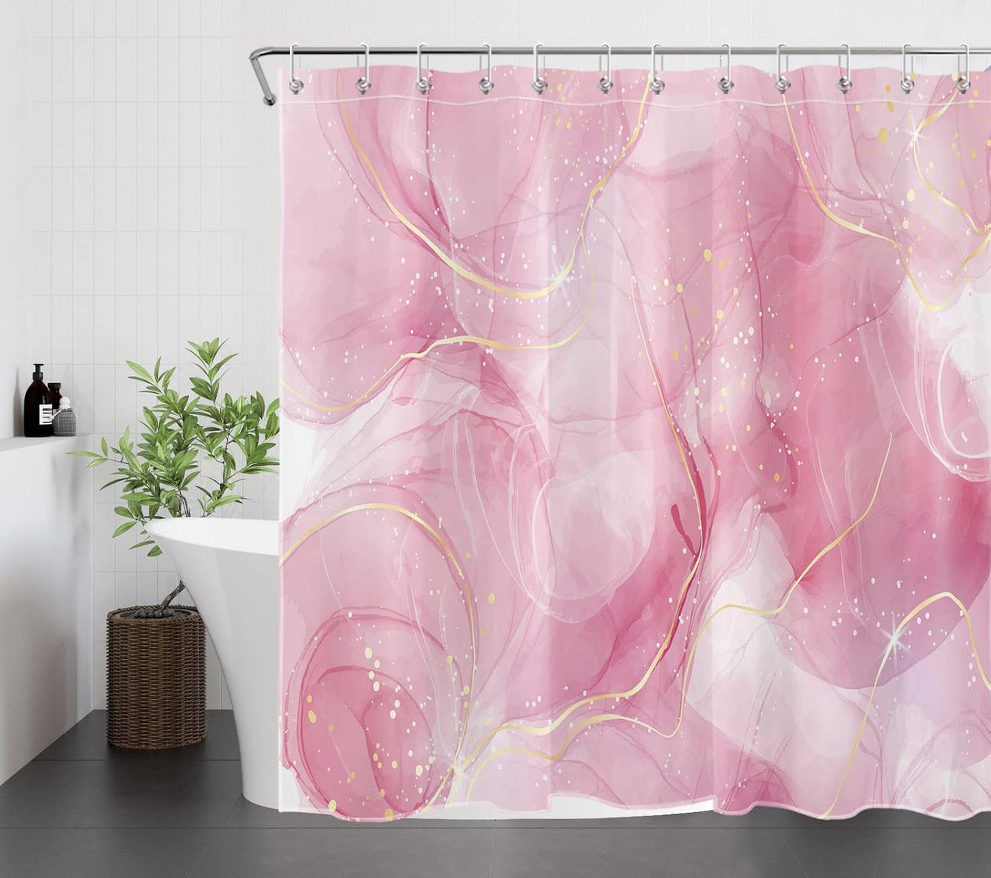HVEST Modern Marble Shower Curtain, Pink and Gold Luxurious Marble Bathroom Curtain with Hooks, Abstract Art Bath Curtain Polyester Fabric Bath Decor Accessories, 72x72 Inches,YL30460Q
