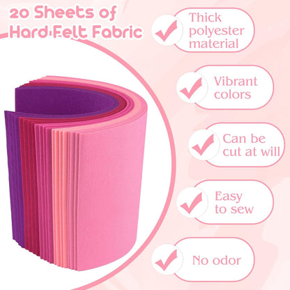 NEBURORA 20 Pcs 2mm Thick Stiff Felt Sheets for Crafts Sewing(Pink Series) | Polyester Thick Felt Sheets, Patchwork Sewing Craft Supplies，Party Decoration Supplies，Suitable for Engraving Machines