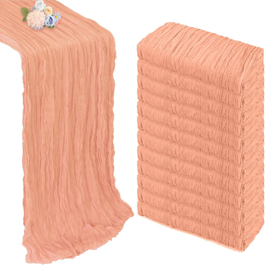 12 Pack Peach Cheesecloth Table Runner 10ft Boho Gauze Fabric Cheese Cloth Table Runner 35 x 120 Inch Rustic Sheer Runner for Holiday Baby Shower Home Décor Party Wedding Decoration