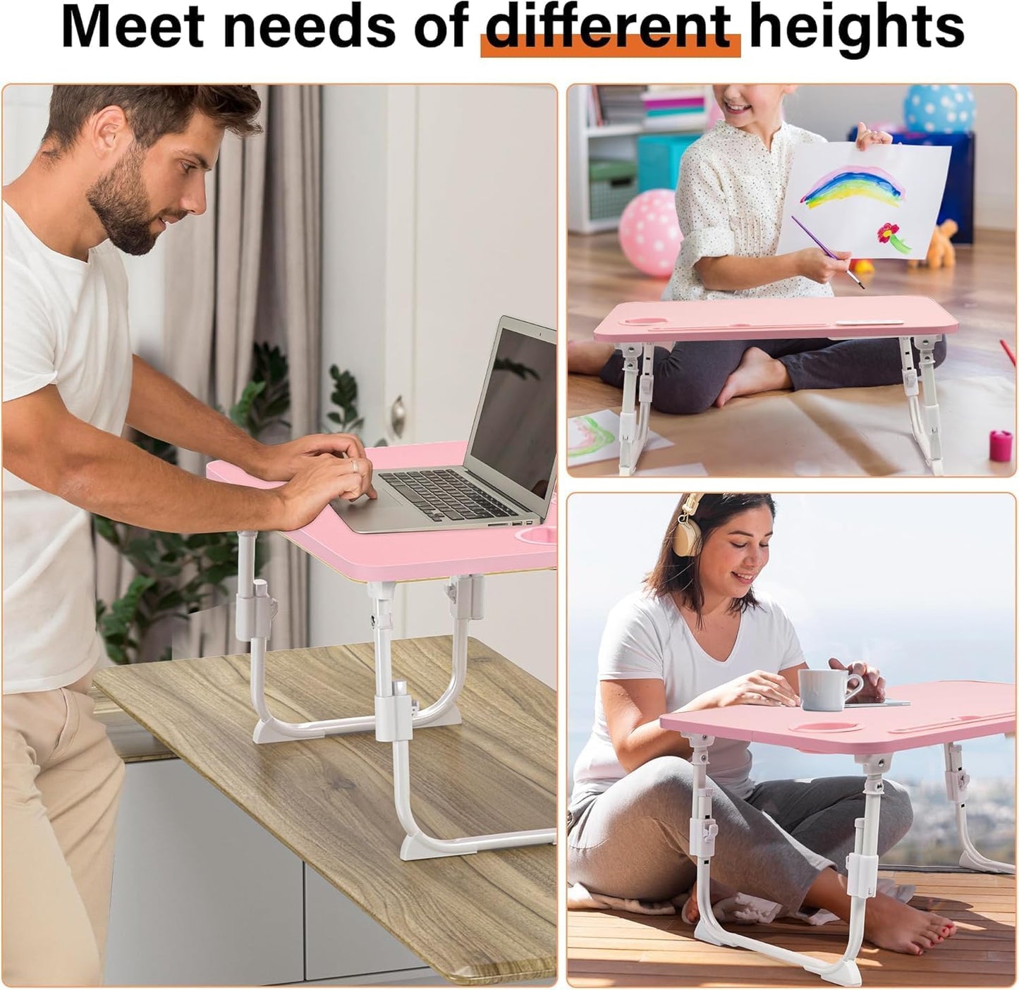 Lap Desk for Bed, Adjustable Laptop Desk with USB Charging Port, Storage Drawer & Bookshelf — Foldable Bed Desk for WFH & Students, 23.6" Desktop Fits 20" Laptop, Non-Slip, Pink