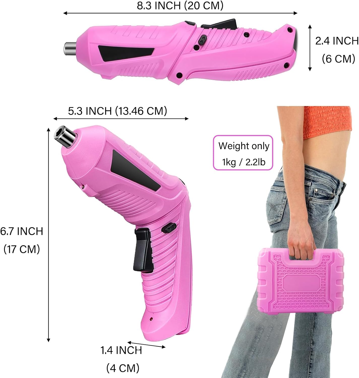 Electric Cordless Screwdriver with Offset Driving Shaft, 4.2V Automatic Rechargeable Screw Driver with 47PCS Bits, Battery Powered Automatic Screw Gun with LED Light & Carry Case Pink Screwdriver Set