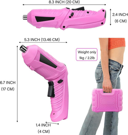 Electric Cordless Screwdriver with Offset Driving Shaft, 4.2V Automatic Rechargeable Screw Driver with 47PCS Bits, Battery Powered Automatic Screw Gun with LED Light & Carry Case Pink Screwdriver Set