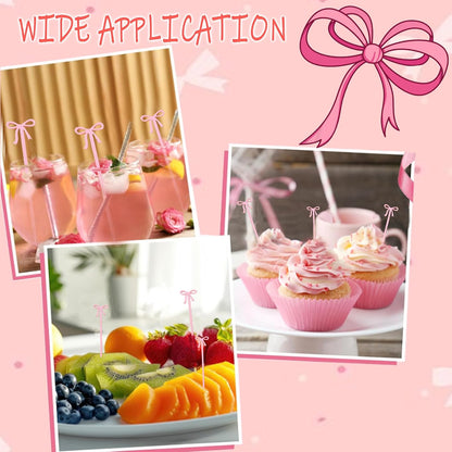 30 pcs Pink Bow Cocktail Picks, Cute Fruit Skewers for Party, Acrylic Bowknot Toothpicks for Appetizers Cake Drink Dessert Birthday Coquette Party Decorations