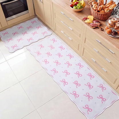 Tinideya 2 Pcs Scalloped Pink Bow Kitchen Rug and Mat, Non Slip Washable Coquette Mat, Anti Fatigue Bowknot Carpet for Kitchen Sink Laundry Nursery Bedroom Playroom Housewarming, 47" x 17, 30" x 17"