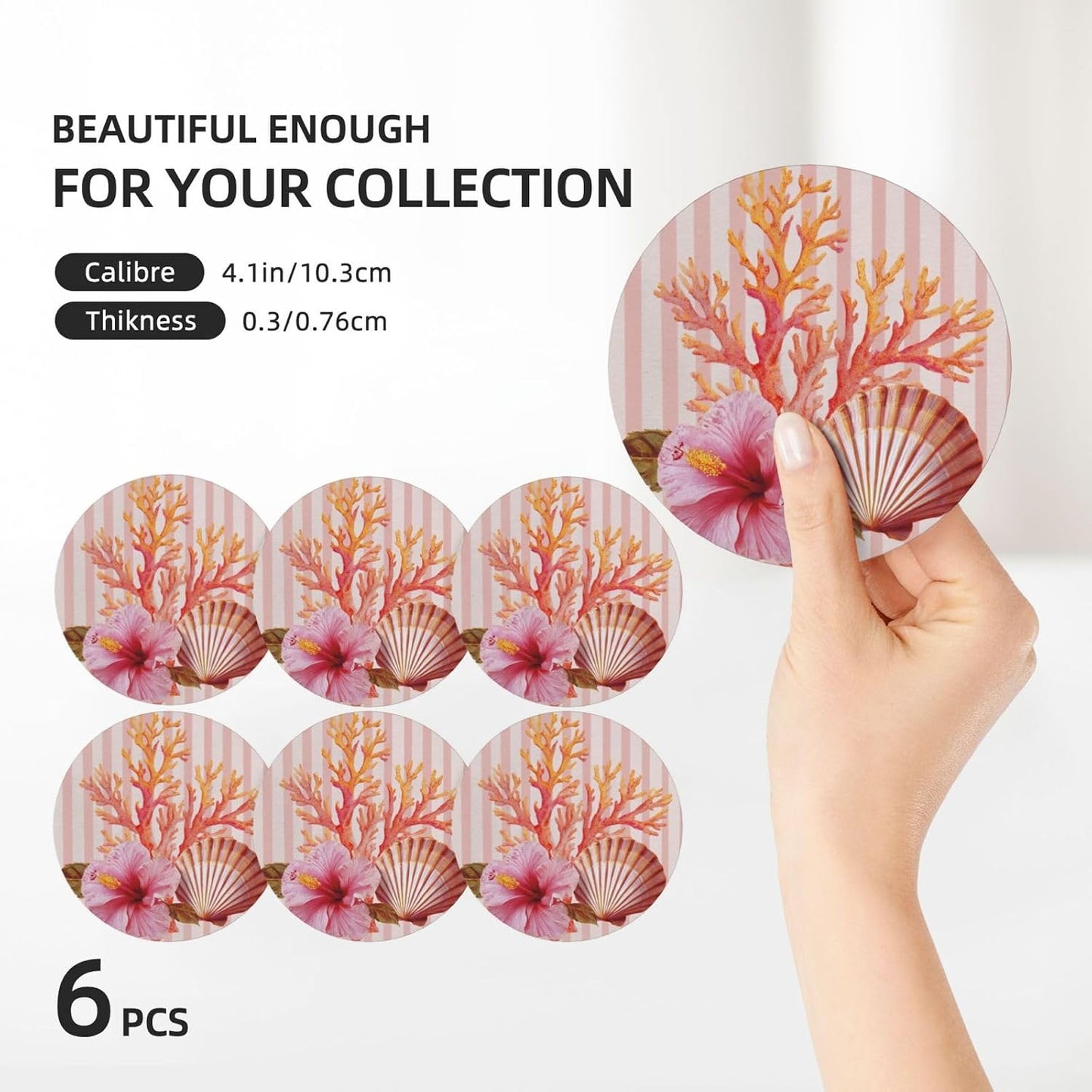 Light Pink Scallop Shell Hibiscus Flower Ceramic Coasters with Holder Set of 6 Coffee Cup Drink Coasters