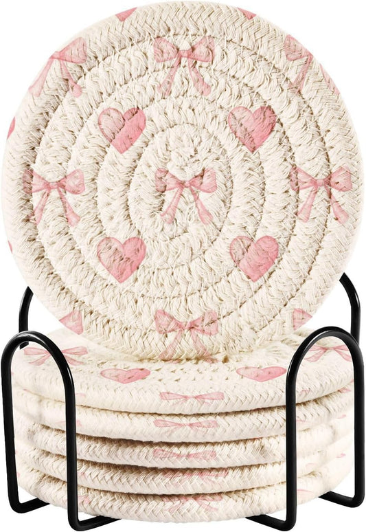 Bar Coasters for Drink with Holder Light Pink Heart Bow Watercolor Coaster Set of 6 Cotton Woven Coaster for Coffee Table, Bistro Tabletop,Kitchen Home Decor