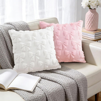Pink Bow Throw Pillow Covers 18x18in, Pink Throw Pillow Cases Set of 4, White Bow Pillow Covers Decorations Faux Fur Soft, Bowknot Preppy Stuf Pillowcovers for Holiday Sofa Couch Home Decor