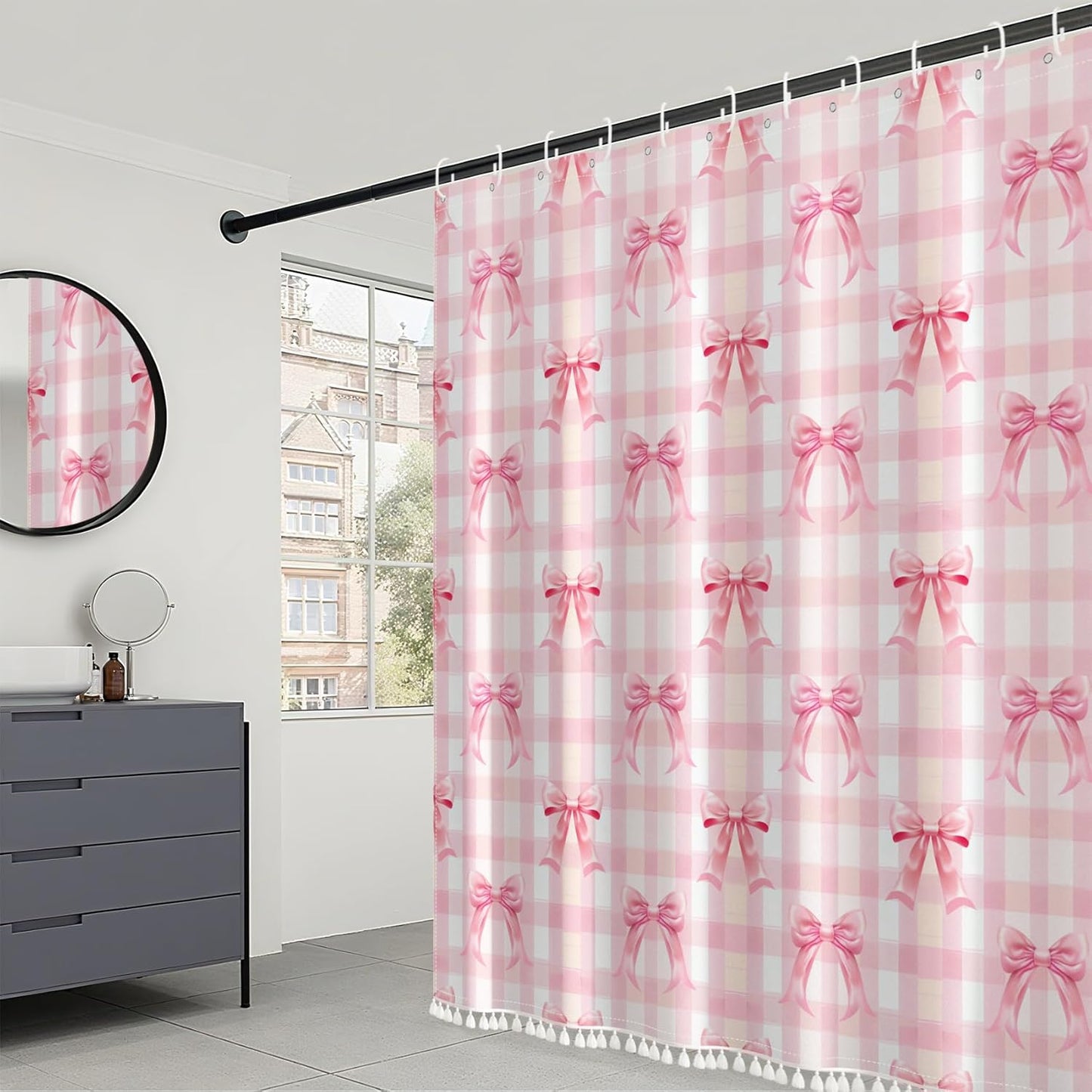 AOFOTO Pink Bow Shower Curtain with Tassels, Pink Buffalo Plaid Bath Curtain Accessories Set with Hooks Cute Aesthetic Art Girly Bathroom Tassel Shower Curtains for Women Girl Home Decor 72x72 Inch