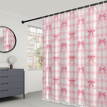 AOFOTO Pink Bow Shower Curtain with Tassels, Pink Buffalo Plaid Bath Curtain Accessories Set with Hooks Cute Aesthetic Art Girly Bathroom Tassel Shower Curtains for Women Girl Home Decor 72x72 Inch