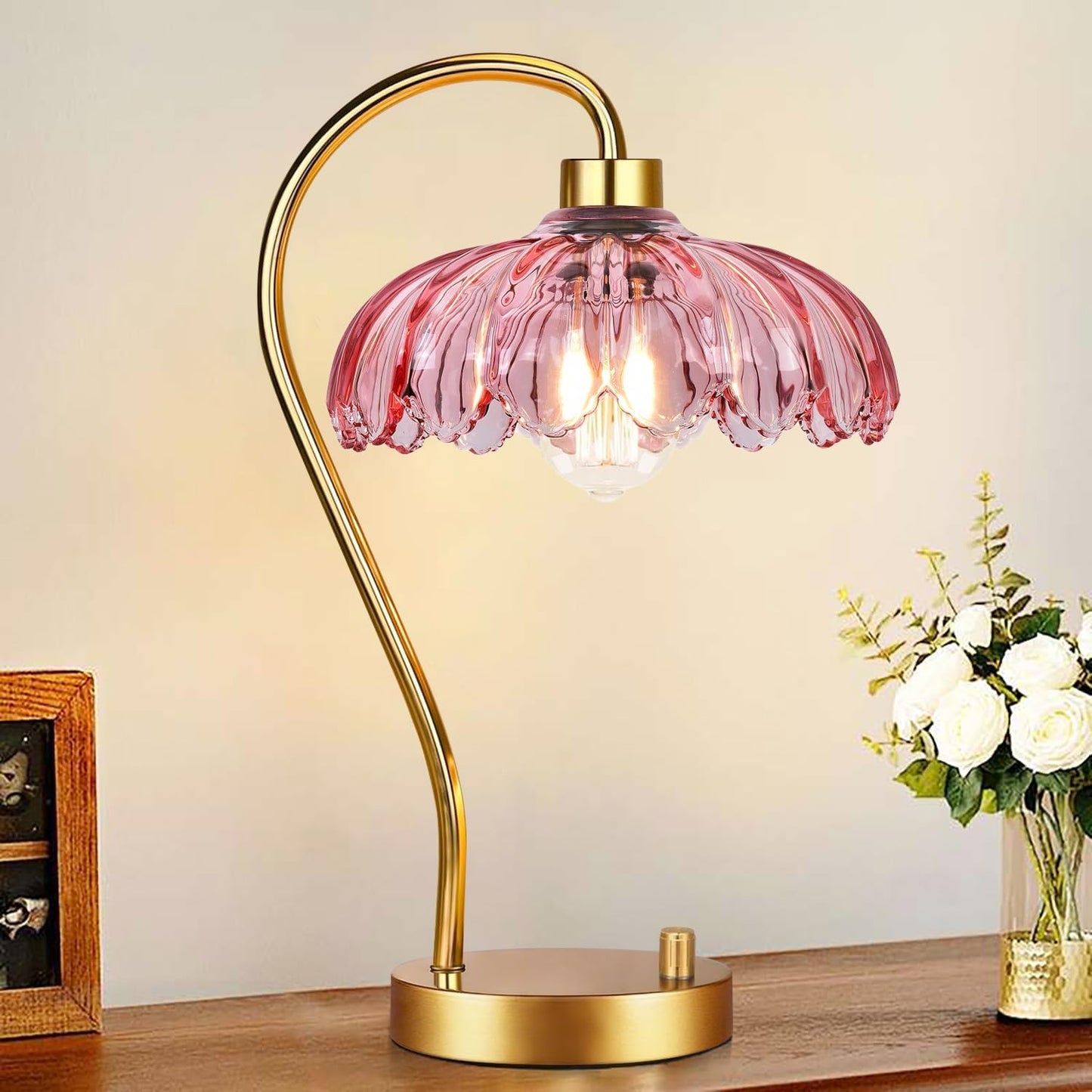 ILLMTW Flower Table Lamp for Bedroom Living Room,Pink Small Bedside Lamps Dimmable Boho Gold Bedroom Lamp with Glass Lamp Shade,Vintage Mid Century Modern Mini Nightstand Lamp