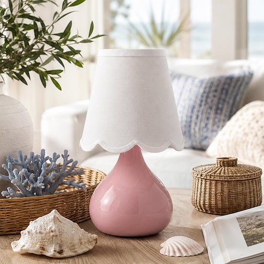 12" Cordless Table Lamp, Small Rechargeable Pink Ceramic Bedside Lamp with Magnetic LED Bulb, 3 Colors & Stepless Dimmable, Battery Operated Aesthetic Scalloped Lamp for Bedroom, Nursery, Girls Room