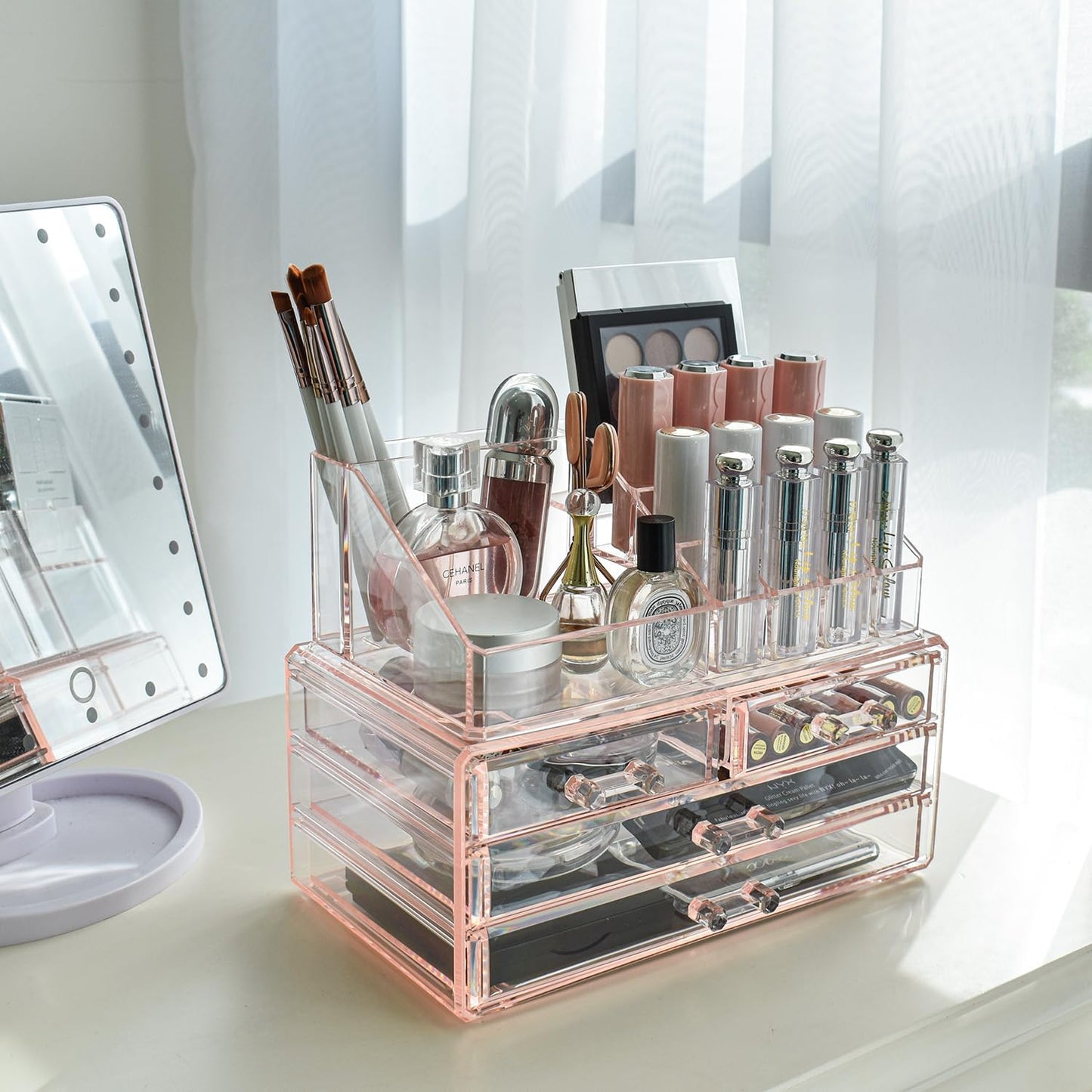 Ikee Design Pink Jewelry & Cosmetic Storage Display Boxes Two Pieces Set, Pink Cosmetic Jewelry Organizer Makeup Holder, Organizer for Vanity