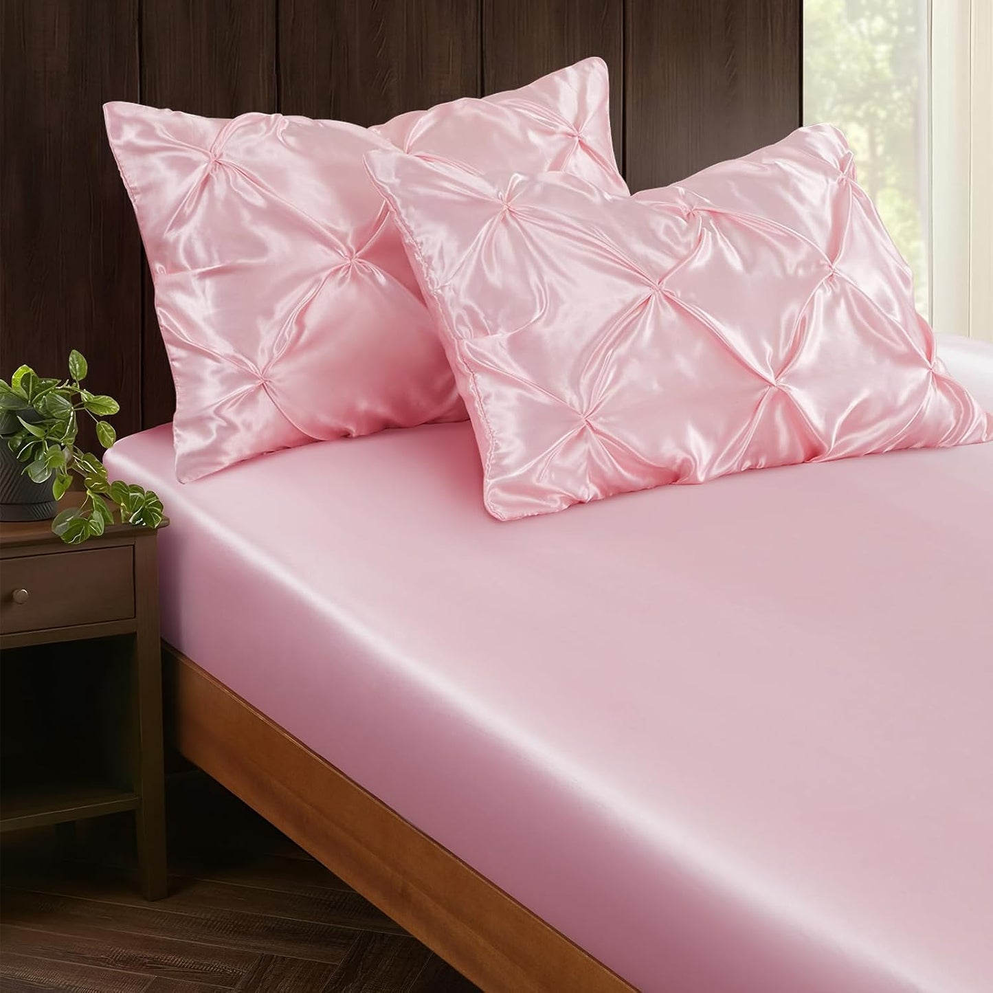 P Pothuiny Pintuck Satin Pillowcase Standard Size Set of 2, Blush Pink Satin Pillow Shams Pinch Pleated Silky Smooth Pillow Covers for Hair, Decorative Pillow Case with Envelope Closure