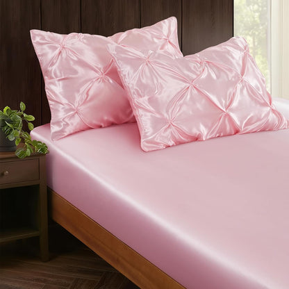 P Pothuiny Pintuck Satin Pillowcase Standard Size Set of 2, Blush Pink Satin Pillow Shams Pinch Pleated Silky Smooth Pillow Covers for Hair, Decorative Pillow Case with Envelope Closure