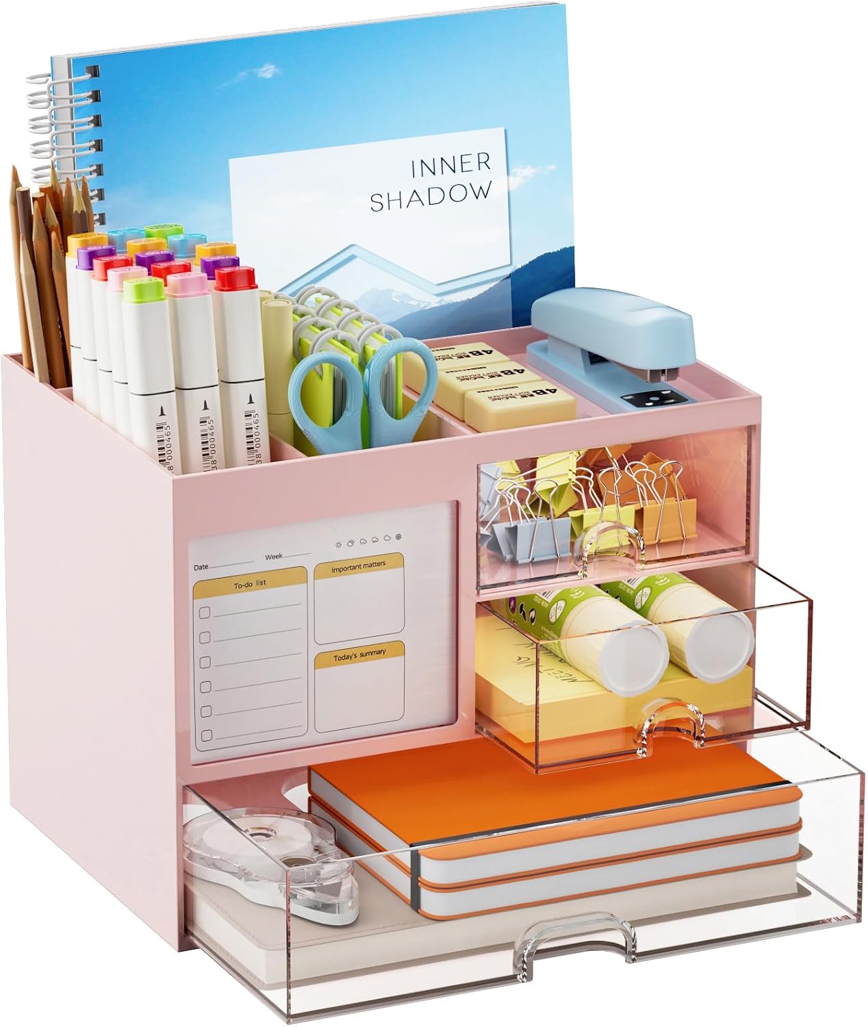 Marbrasse Desk Organizer with 3 Drawer, Multi-Functional Pencil Pen Holder for Desk, Desk Organizers and Accessories with 4 Compartments, Desktop Organizer Storage for Office Home Art Supplies (Pink)