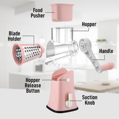 Zulay Kitchen Rotary Cheese Grater 5 Blade Cheese Shredder - Manual Hand Crank Cheese Grater With Reinforced Suction & 5 Interchangeable Drums - Easy to Use, Vegetable Chopper Round Mandoline Slicer