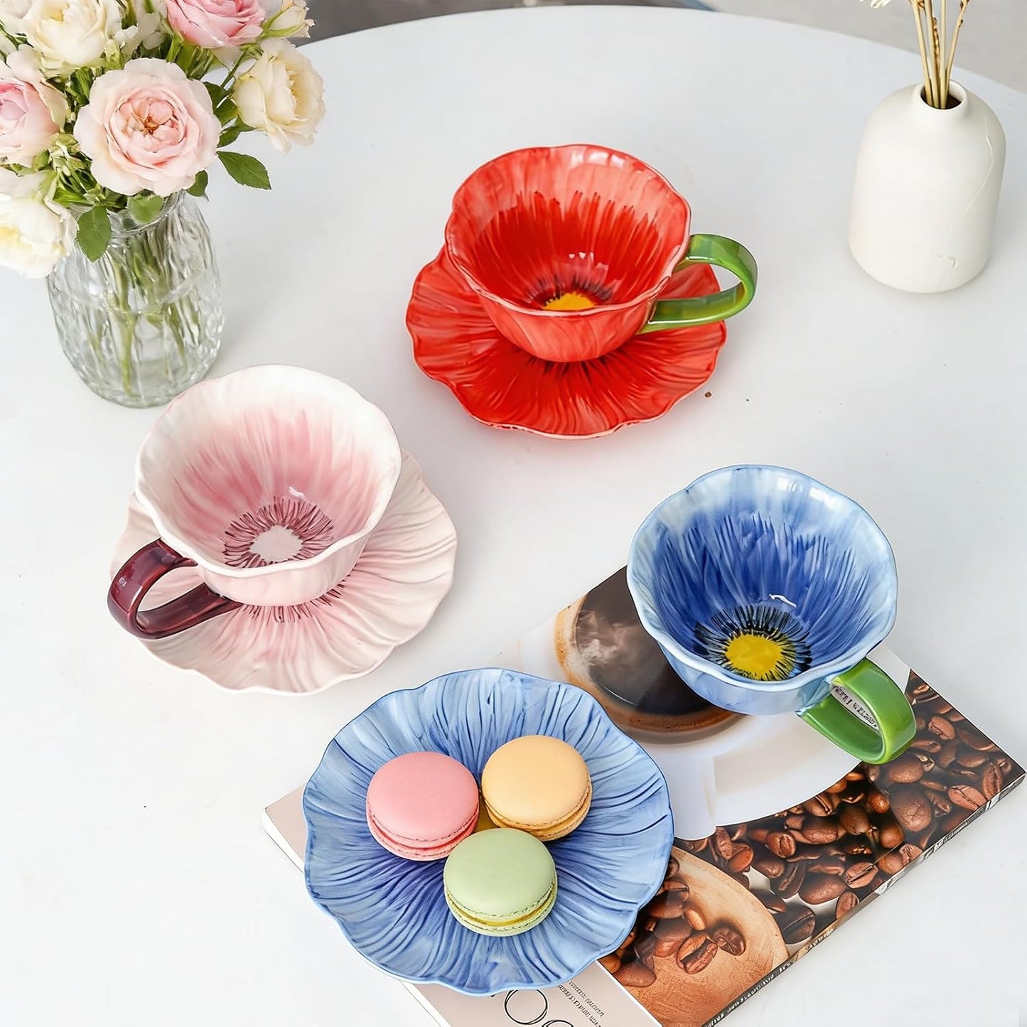 Ceramic Coffee Mug with Saucer Set, 10 Oz Flower Coffee Mug Tea Cup Set for Women, Floral Coffee Latte Mug, Porcelain Fancy Teaware for Birthday Wedding Mother's Day Gift Party (Pink)